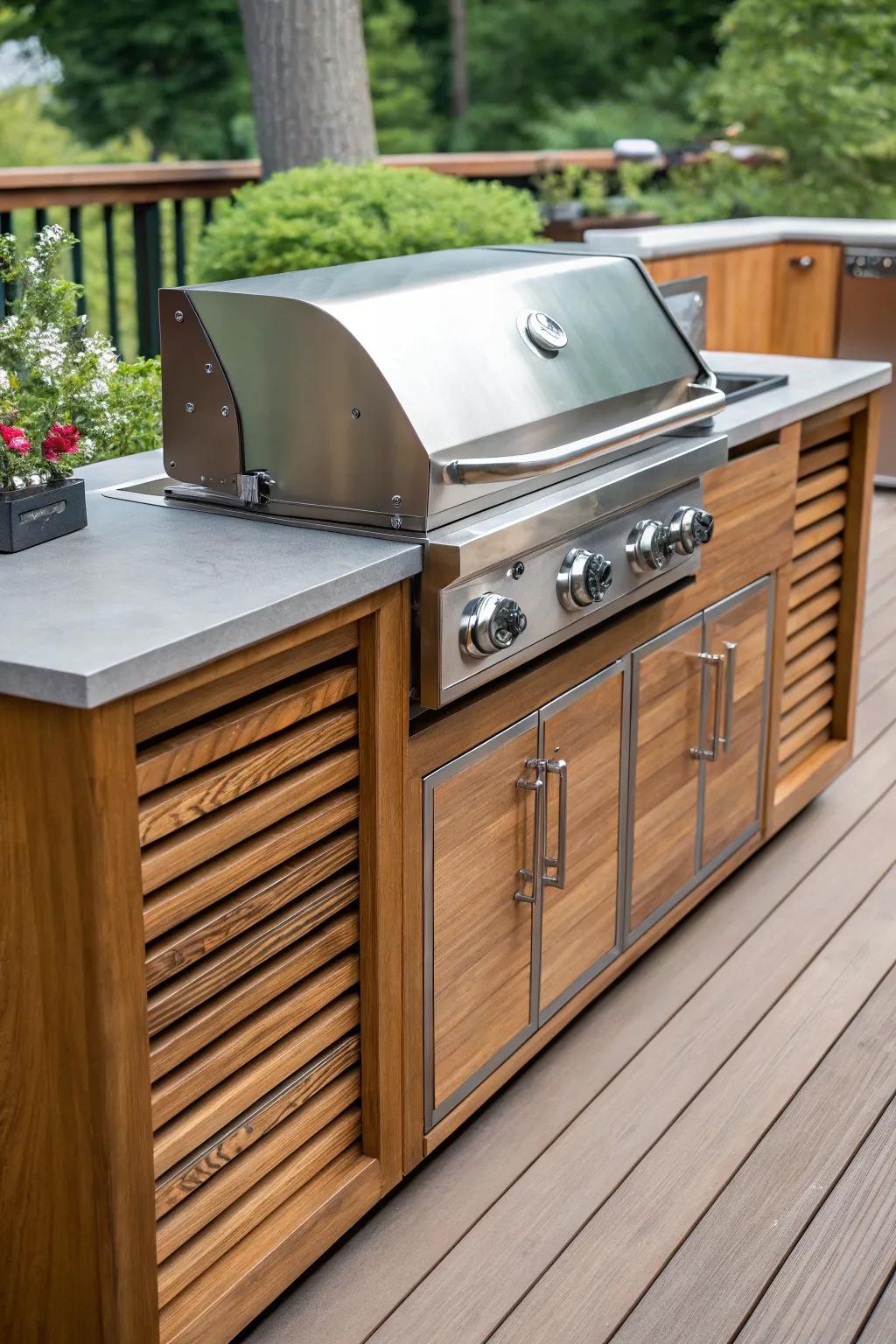 Elevate your outdoor cooking with a grill that combines sleek style with the warmth of handcrafted wooden cabinetry.