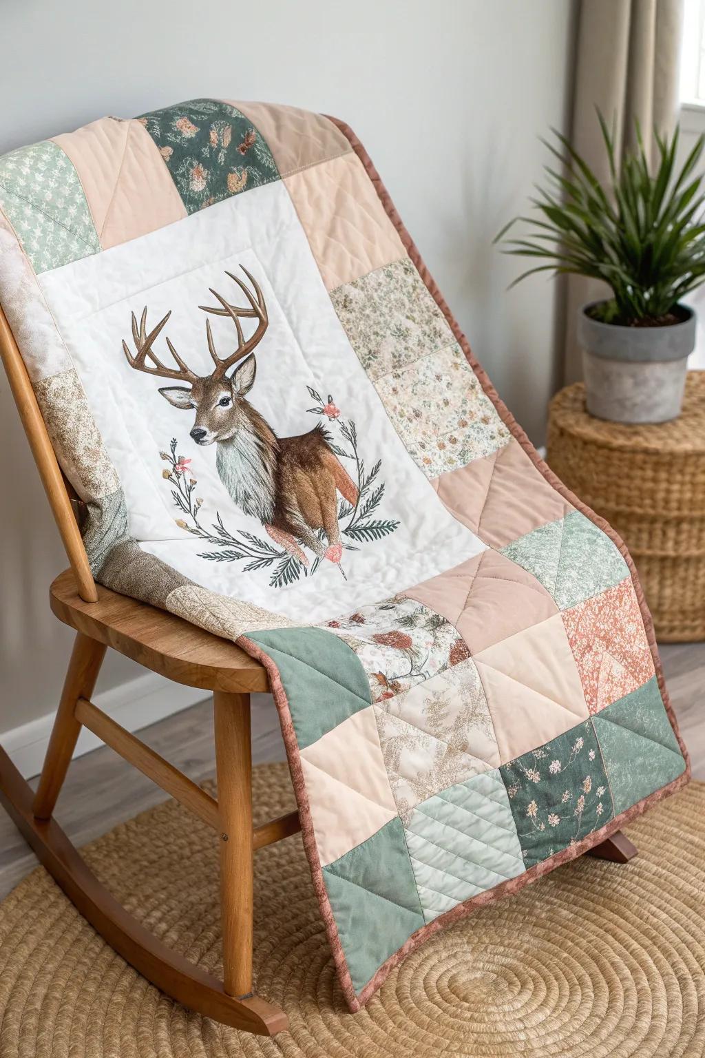 Embrace rustic charm and creativity with this deer panel patchwork quilt, where tradition meets modern artistry.