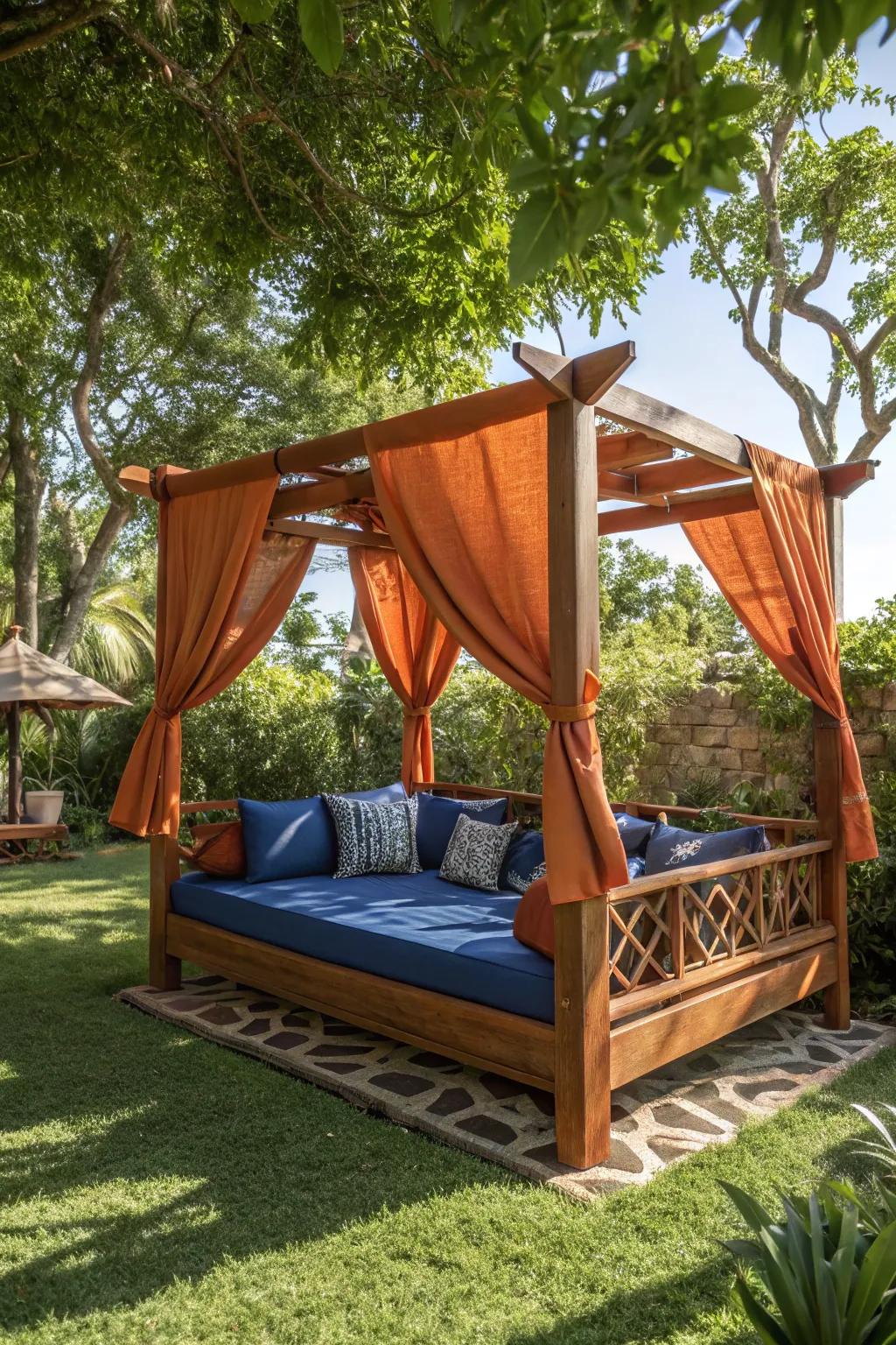 Transform your backyard into a private oasis with a handcrafted daybed canopy that combines luxury and style.
