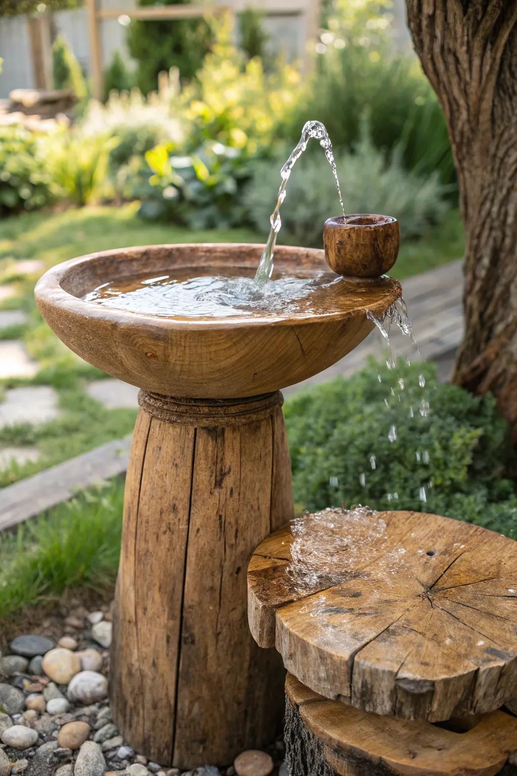Embrace nature with a handcrafted rustic wooden bird bath fountain—where elegance meets tranquility.