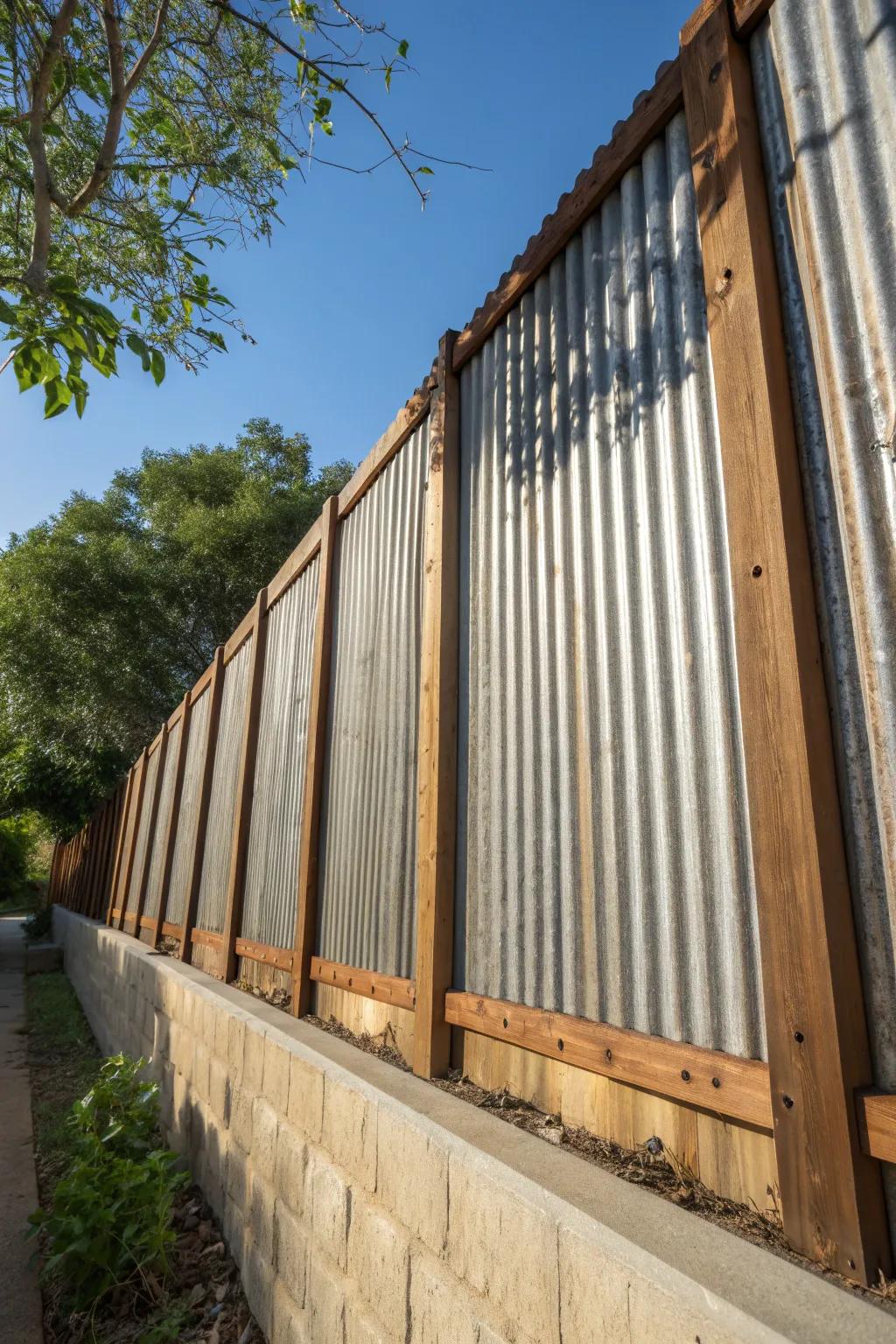 Transform old tin roofing into a bold and rustic privacy fence that stands out with industrial flair.
