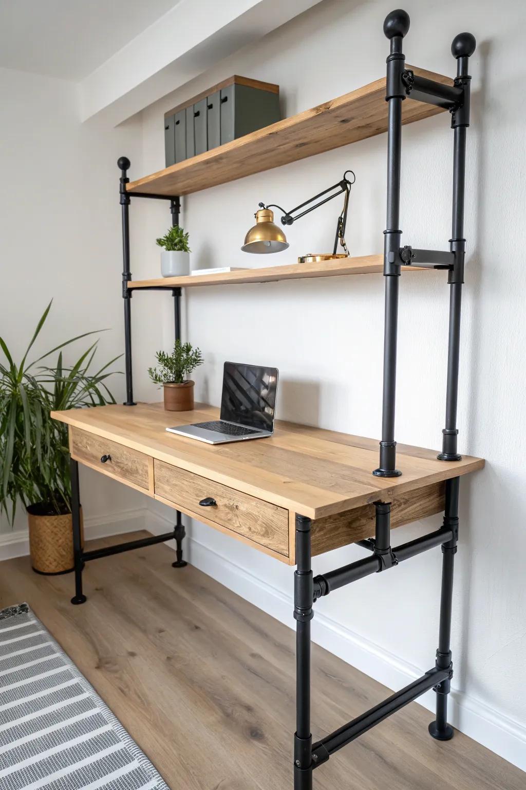 Elevate your workspace with a minimalist floating pipe desk that blends Scandinavian simplicity with Boho elegance.