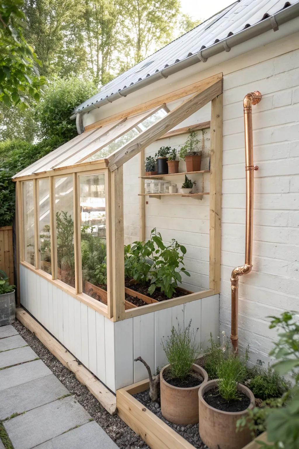 Effortless Elegance: Simplify your gardening with this chic built-in watering system for your DIY greenhouse.