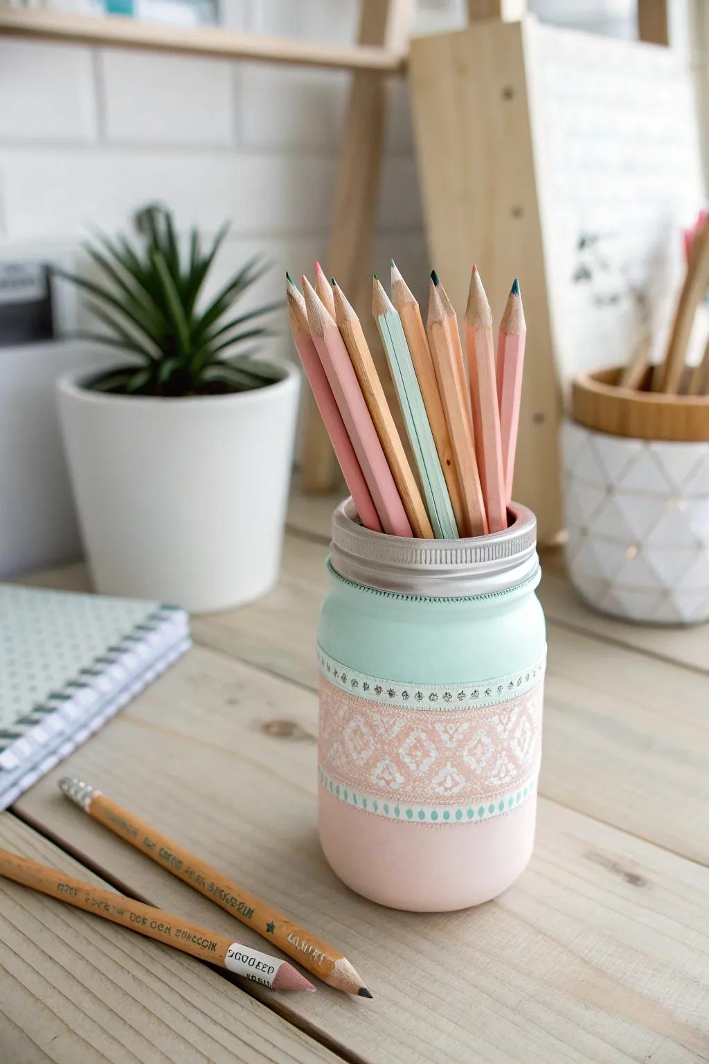 Transform a mason jar into a chic pencil holder with a touch of boho flair!