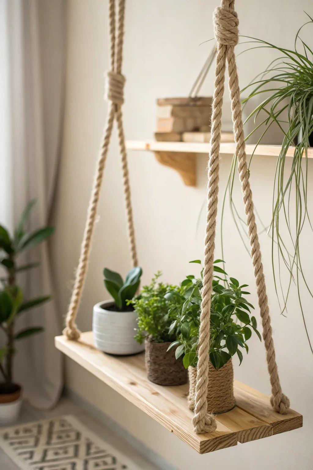 Embrace boho elegance with these stunning hanging rope shelves, perfect for showcasing your favorite plants.