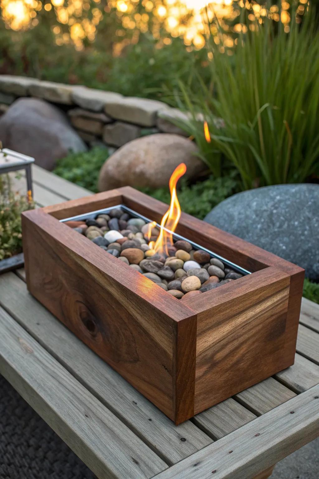 Elevate your outdoor space with a rustic wooden box fire pit, where craftsmanship meets cozy elegance.