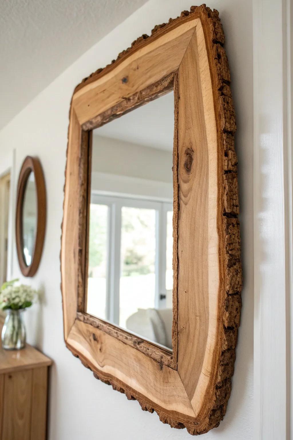 Bring the outdoors in with a stunning live-edge wood mirror frame, blending nature's beauty with minimalist elegance.