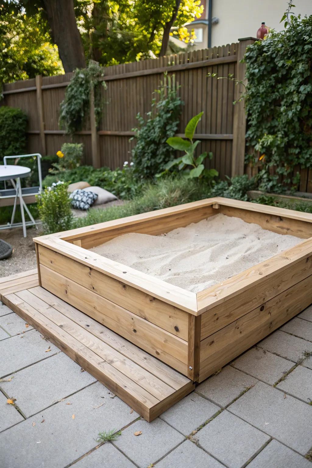 Keep your sandbox clean and stylish with this elegant lid design, perfect for a minimalist backyard.