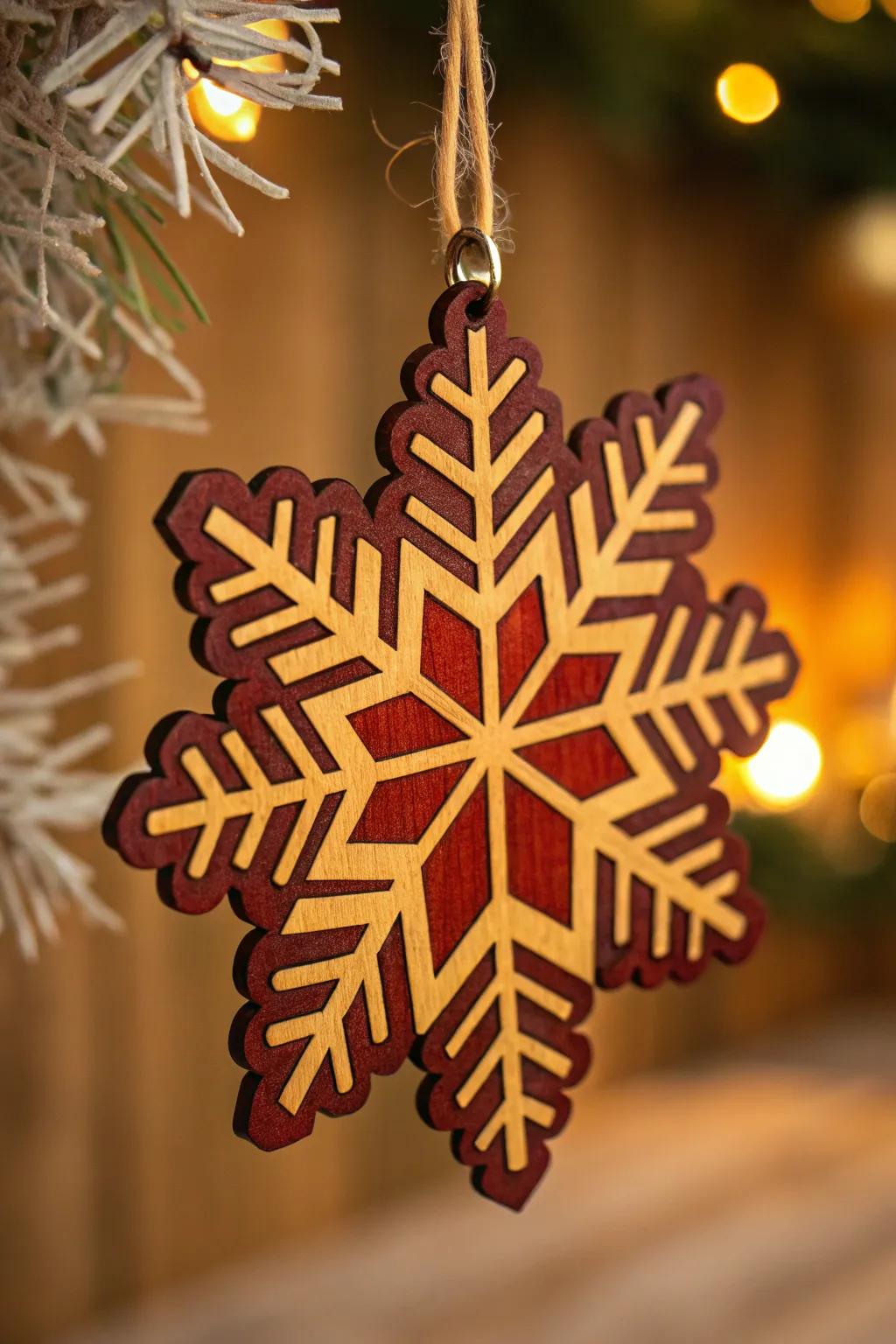 Craftsmanship in every detail: Discover the art of wood burning with this stunning snowflake ornament.