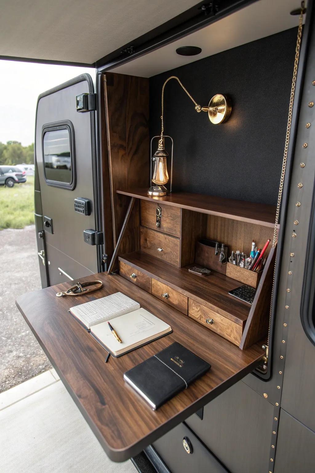 Transform your trailer into a productivity powerhouse with this stunning fold-down workspace.