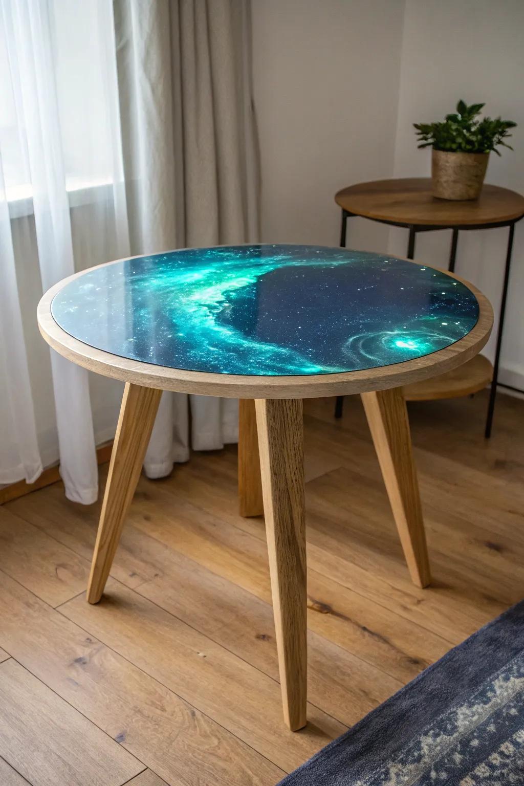 Illuminate your space with the enchanting glow of a night sky-themed epoxy table—where craftsmanship meets magic.