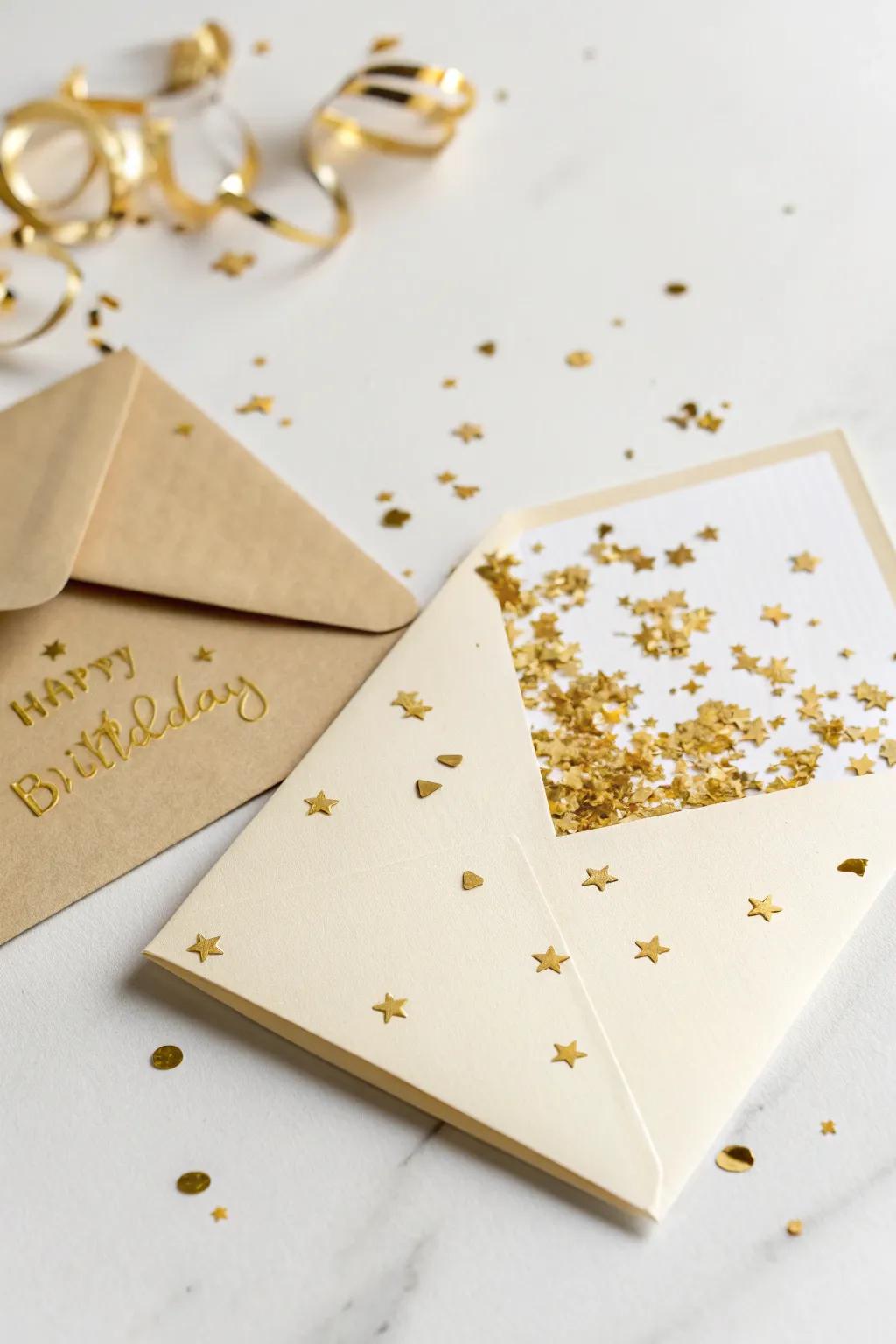 Add a sprinkle of joy with golden confetti for a birthday card surprise.