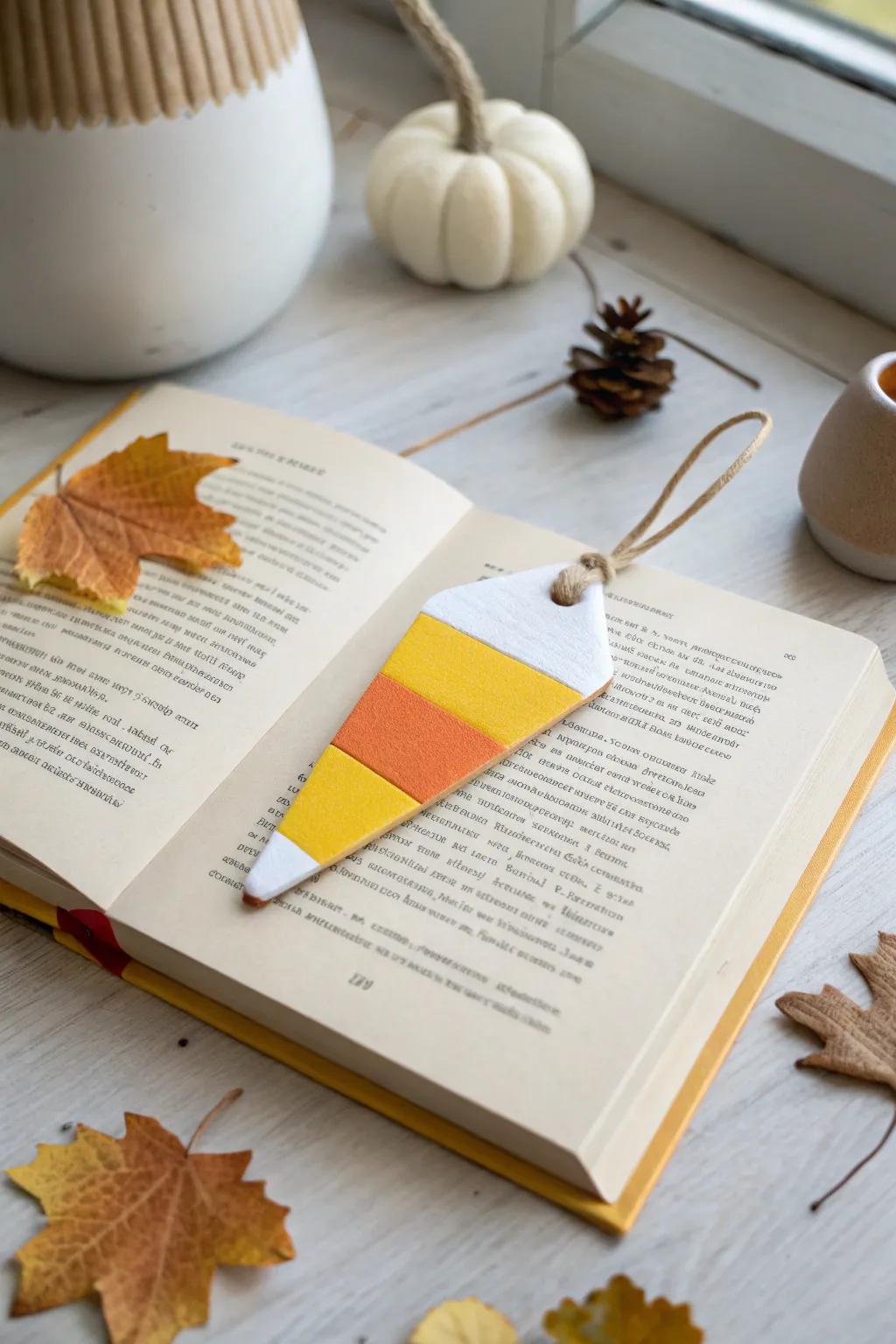 Sweet simplicity: A candy corn bookmark adds a touch of Halloween charm to your reading.