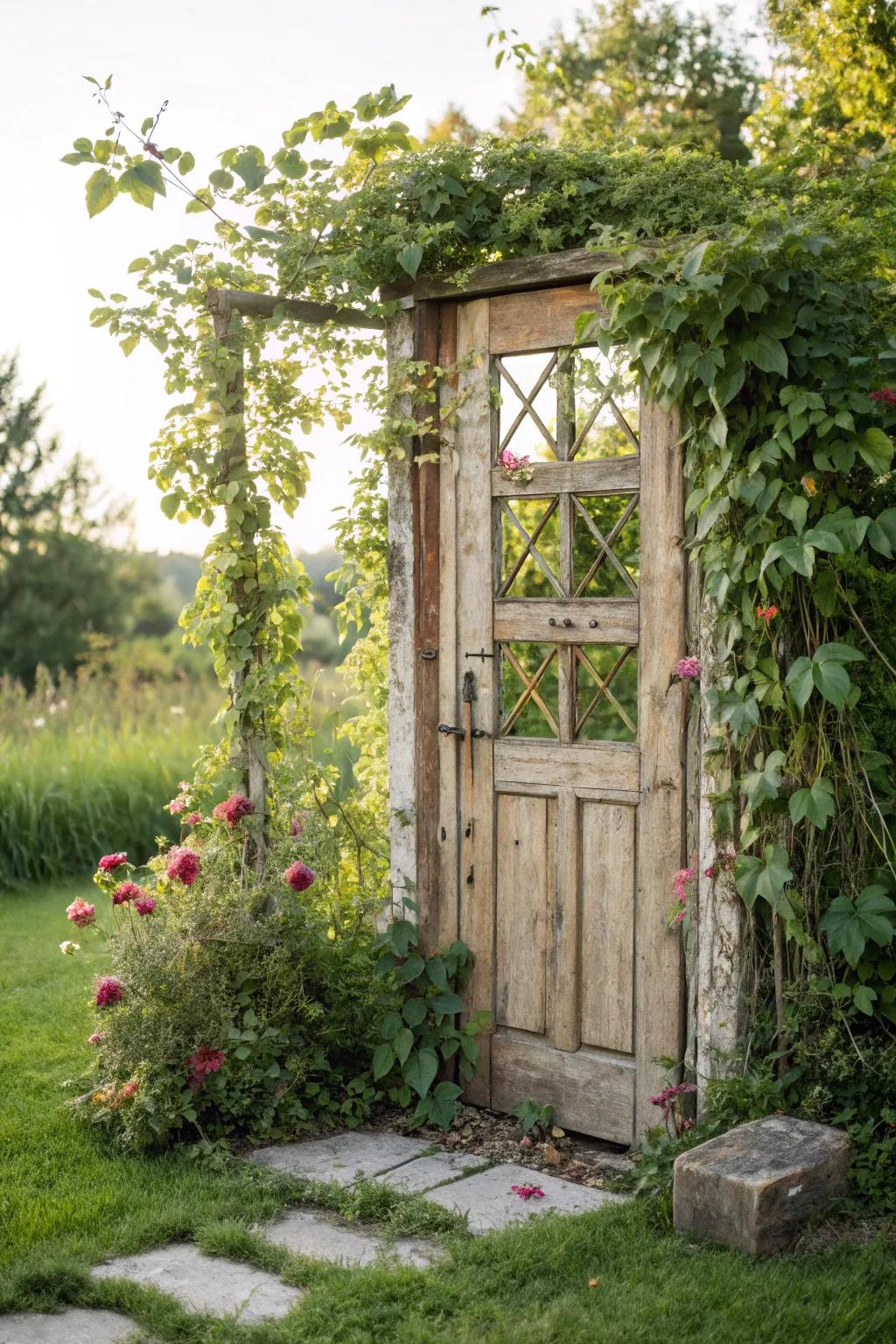 Transform your garden with a touch of rustic charm: an old door turned trellis.