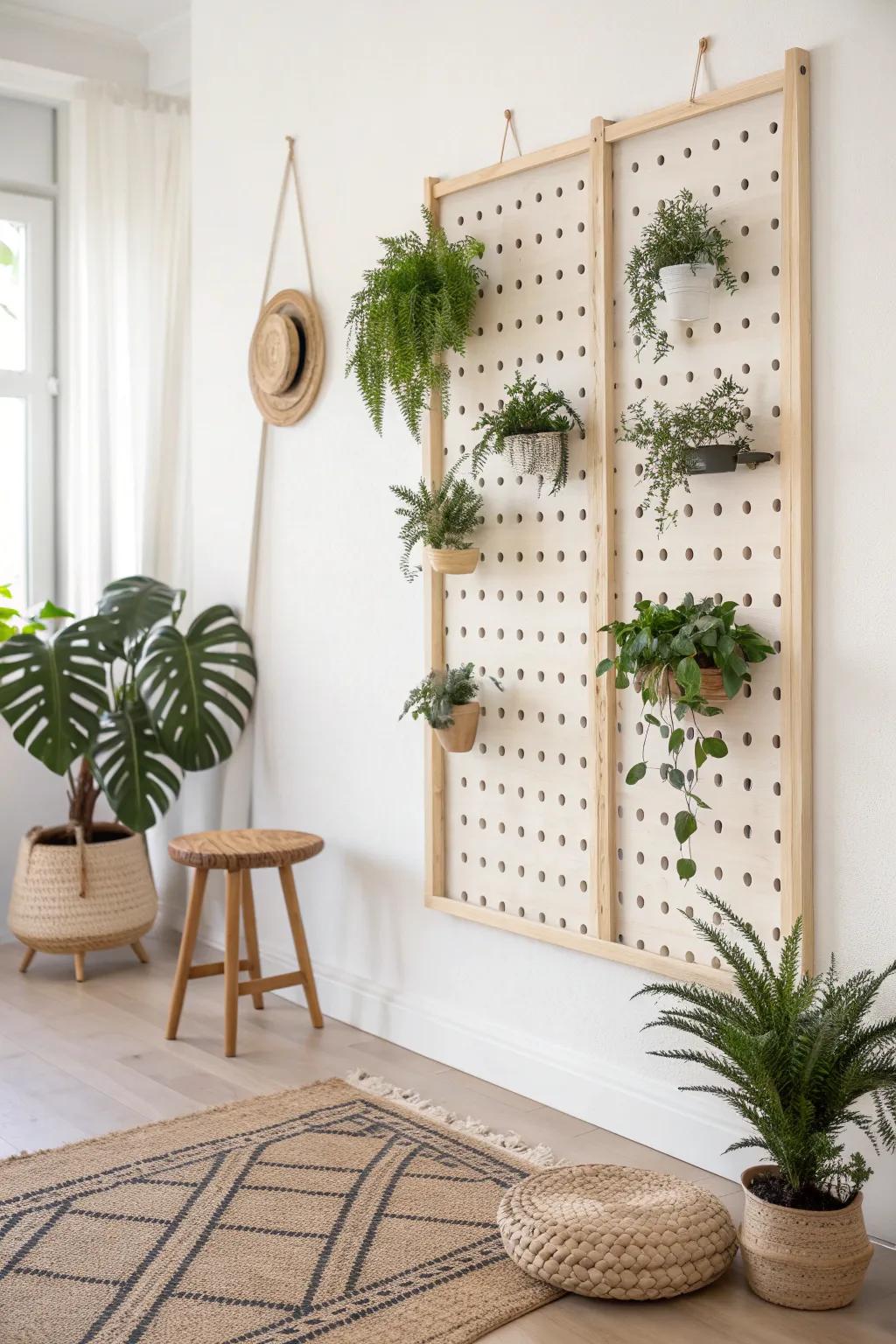 Transform your space with a pegboard trellis, where simplicity meets nature's elegance.