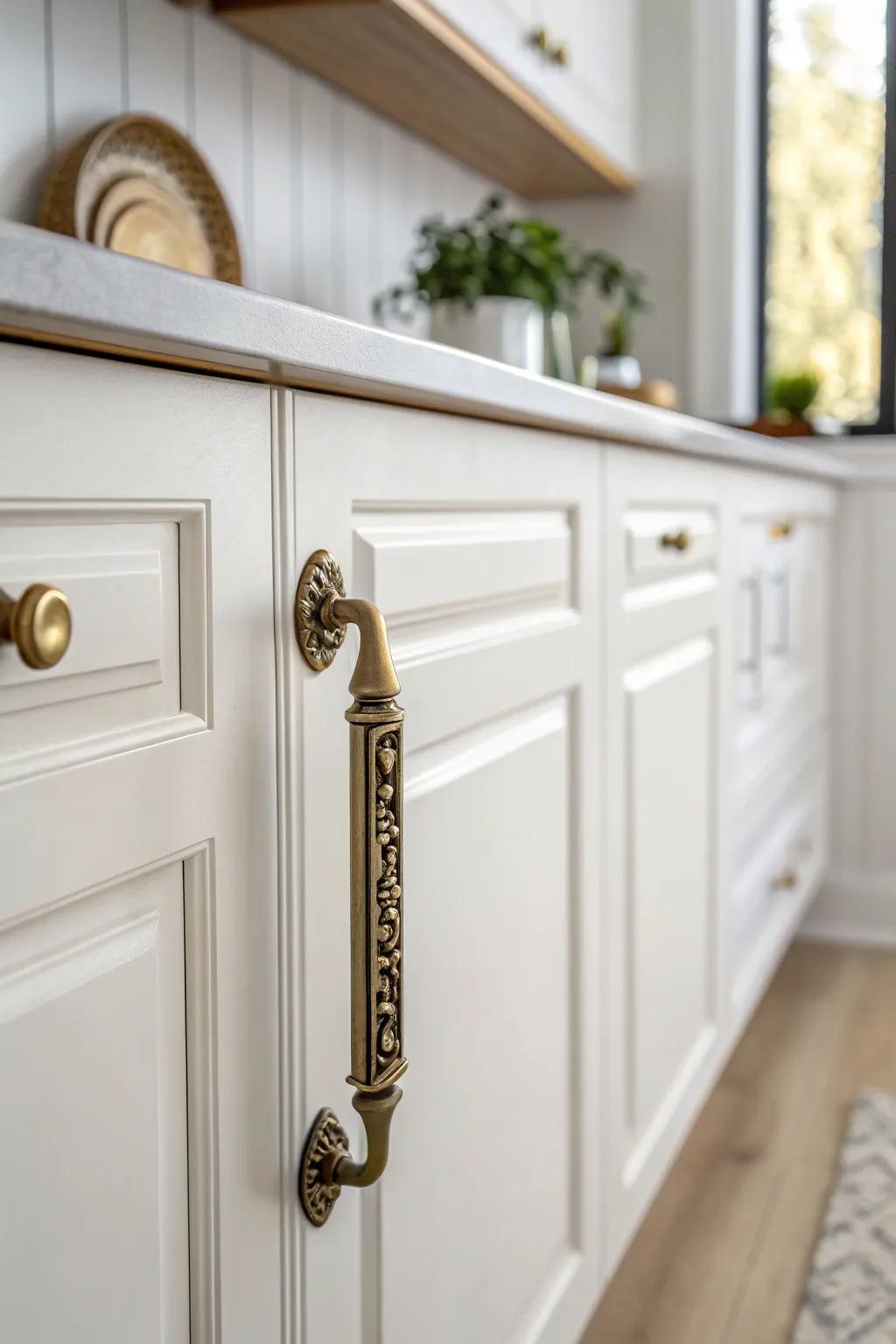 Elevate your kitchen's charm with vintage hardware elegance.