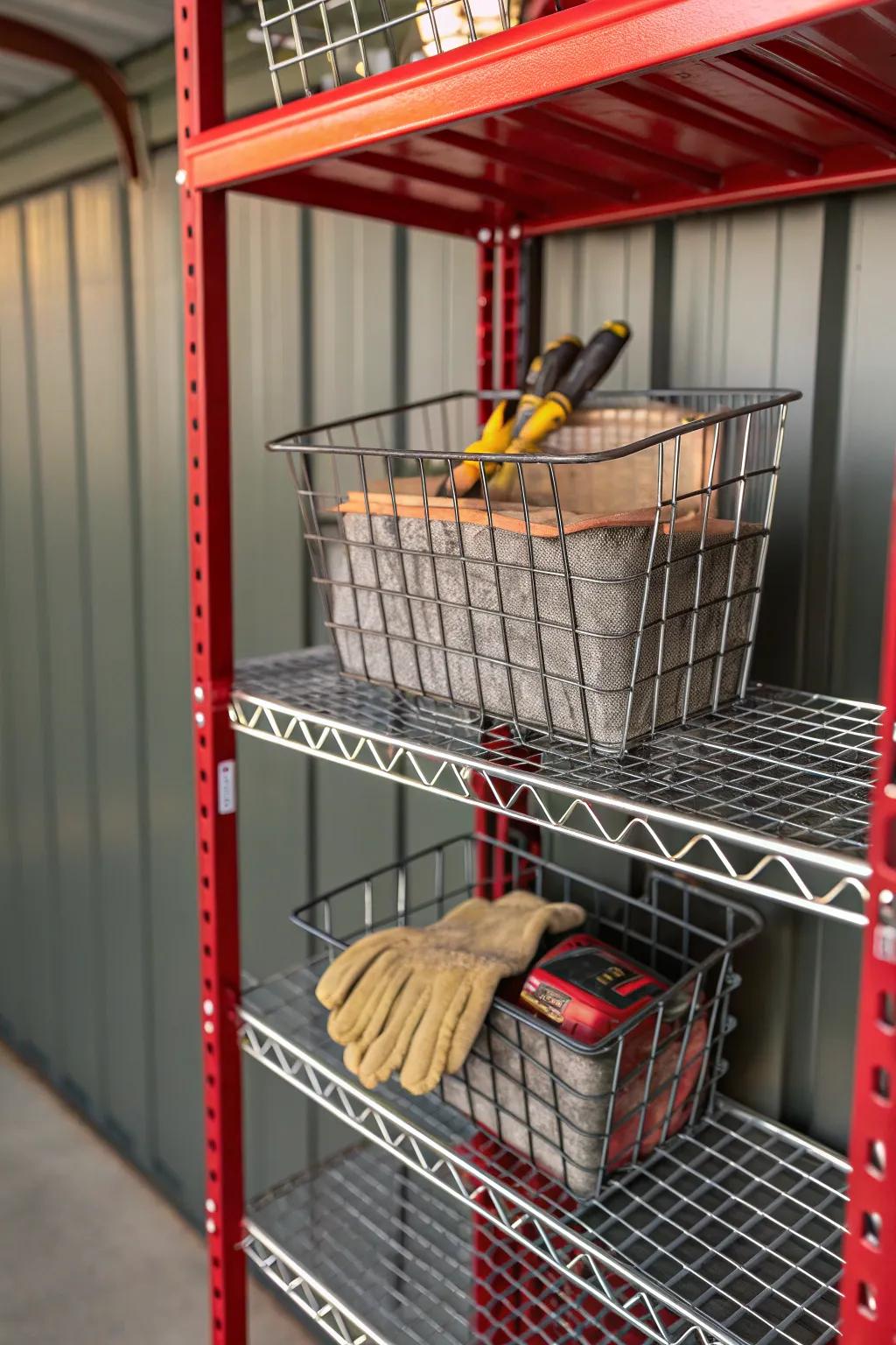 Elevate your shed organization with stylish and functional wire basket shelving.
