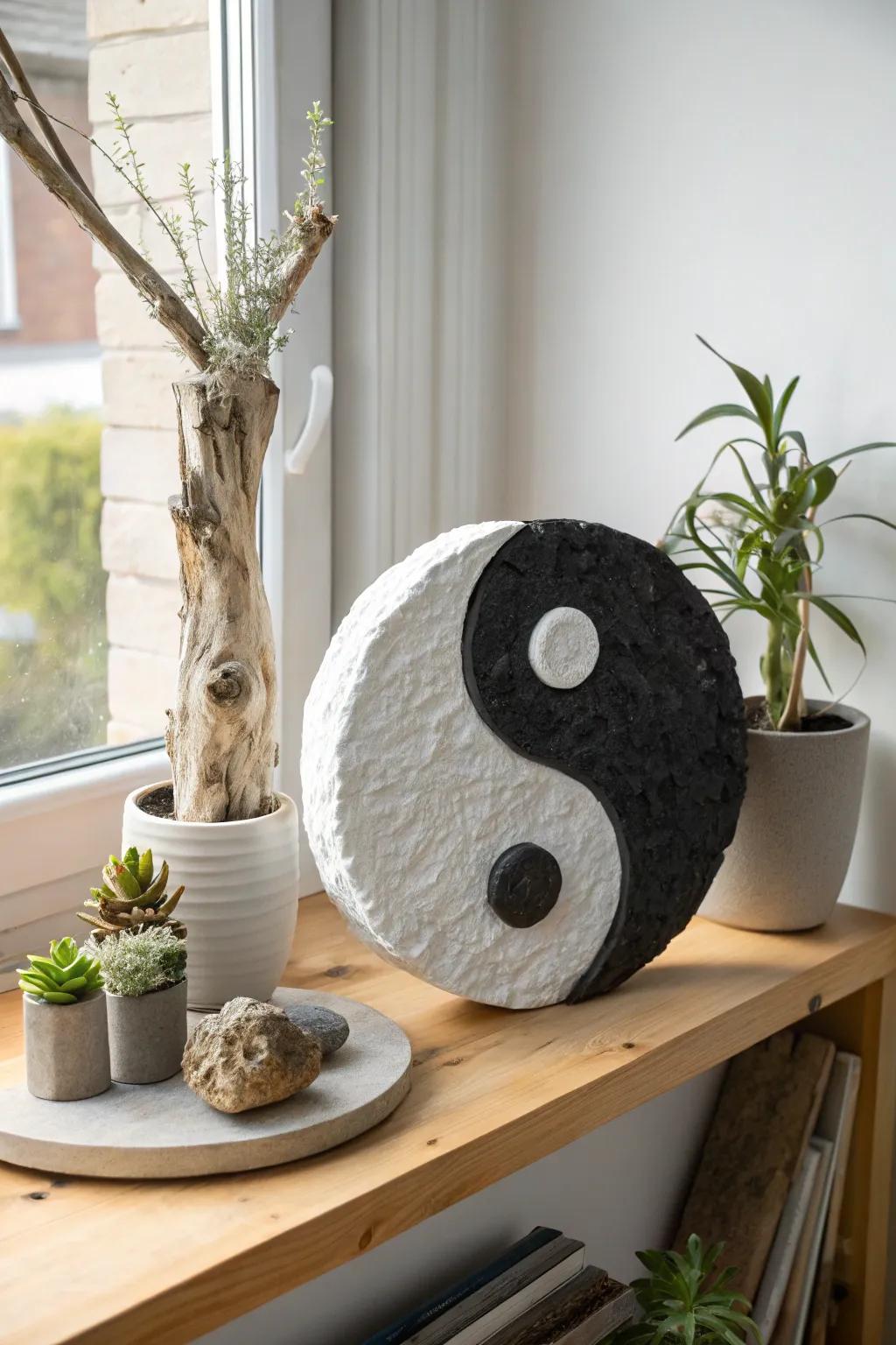 Embrace tranquility with a handcrafted paper mache Ying Yang symbol, where minimalist design meets natural elegance.
