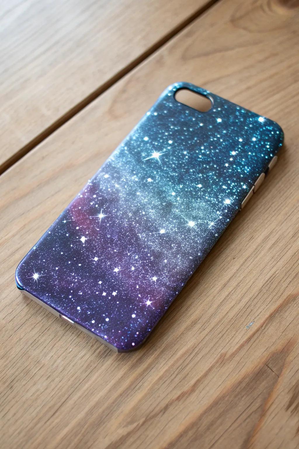 Elevate your phone with DIY sparkle: a galaxy-themed glitter case that shines with Scandinavian simplicity.