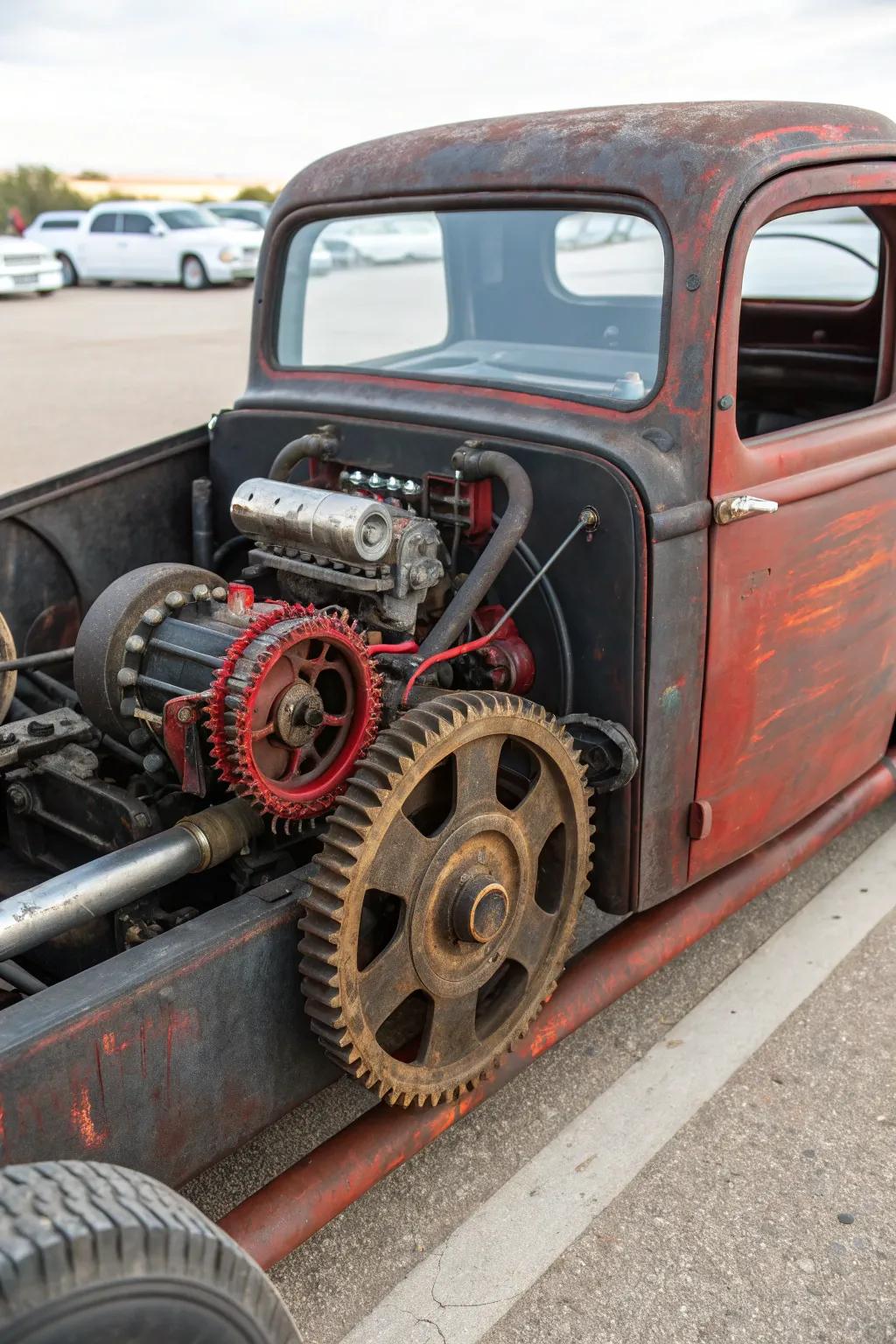 Unveil the beauty of raw mechanics with this vintage rat rod truck bed.