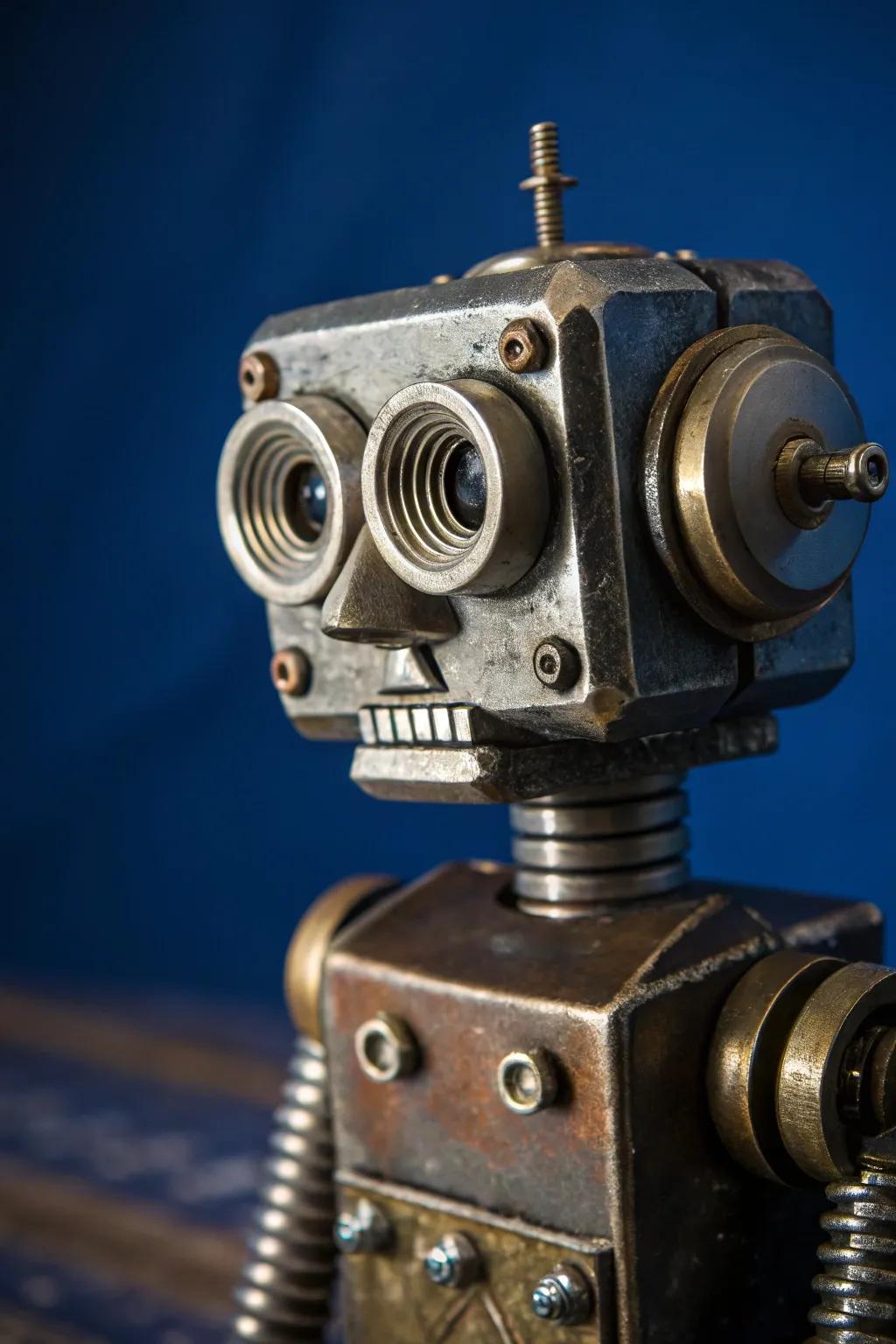 Craft your creativity: A striking recycled robot head with a standout metal nut nose.