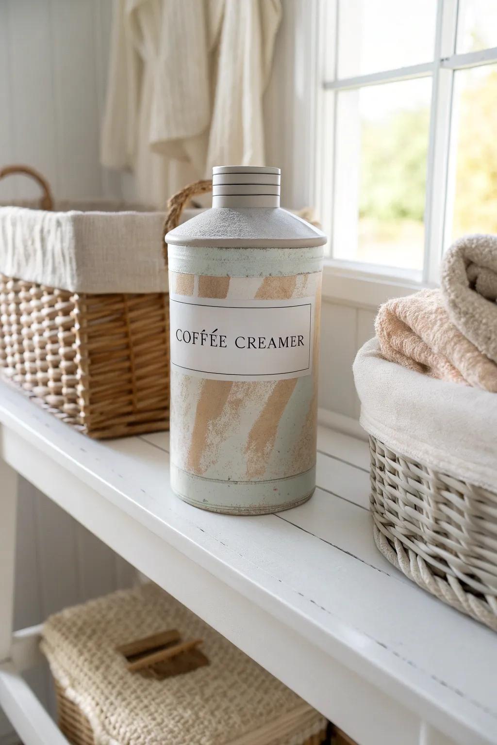 Transform your laundry routine with minimalist charm: a repurposed coffee creamer container as a stylish detergent dispenser.