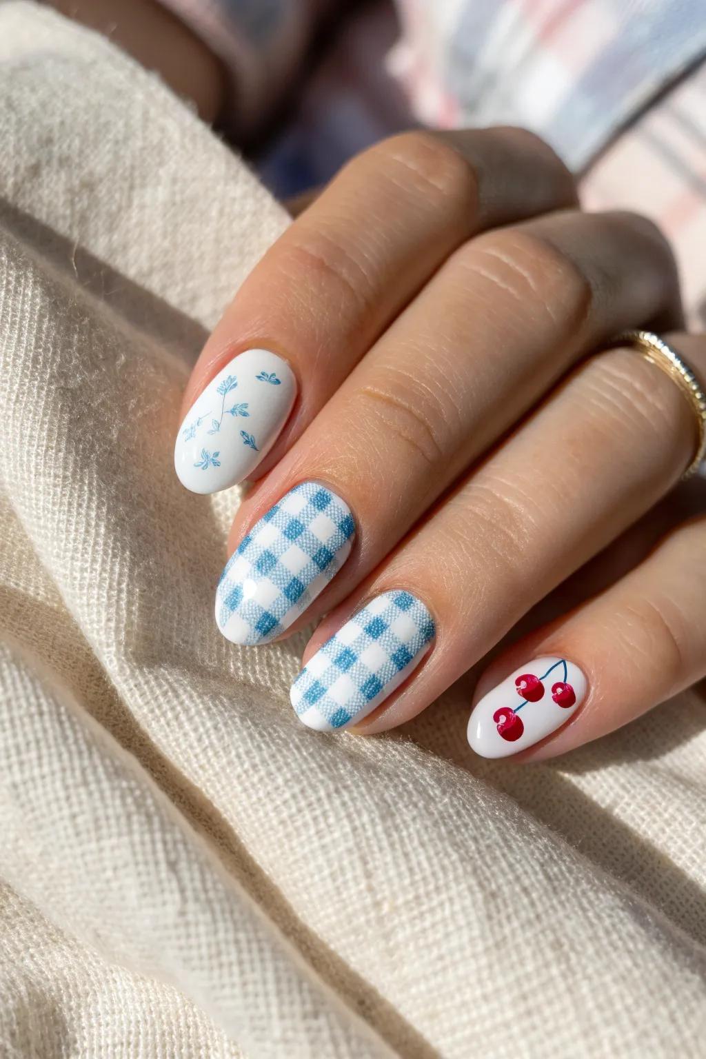 Embrace the charm of summer with this gingham and cherry nail art, perfect for a stylish Fourth of July celebration.