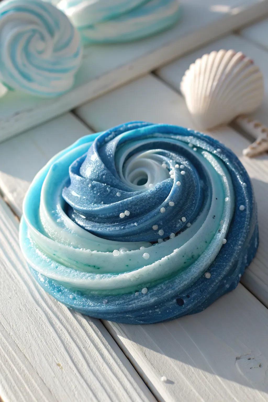 Dive into tranquility with our Ocean Wave Slime — the perfect blend of calming blues and serene simplicity.