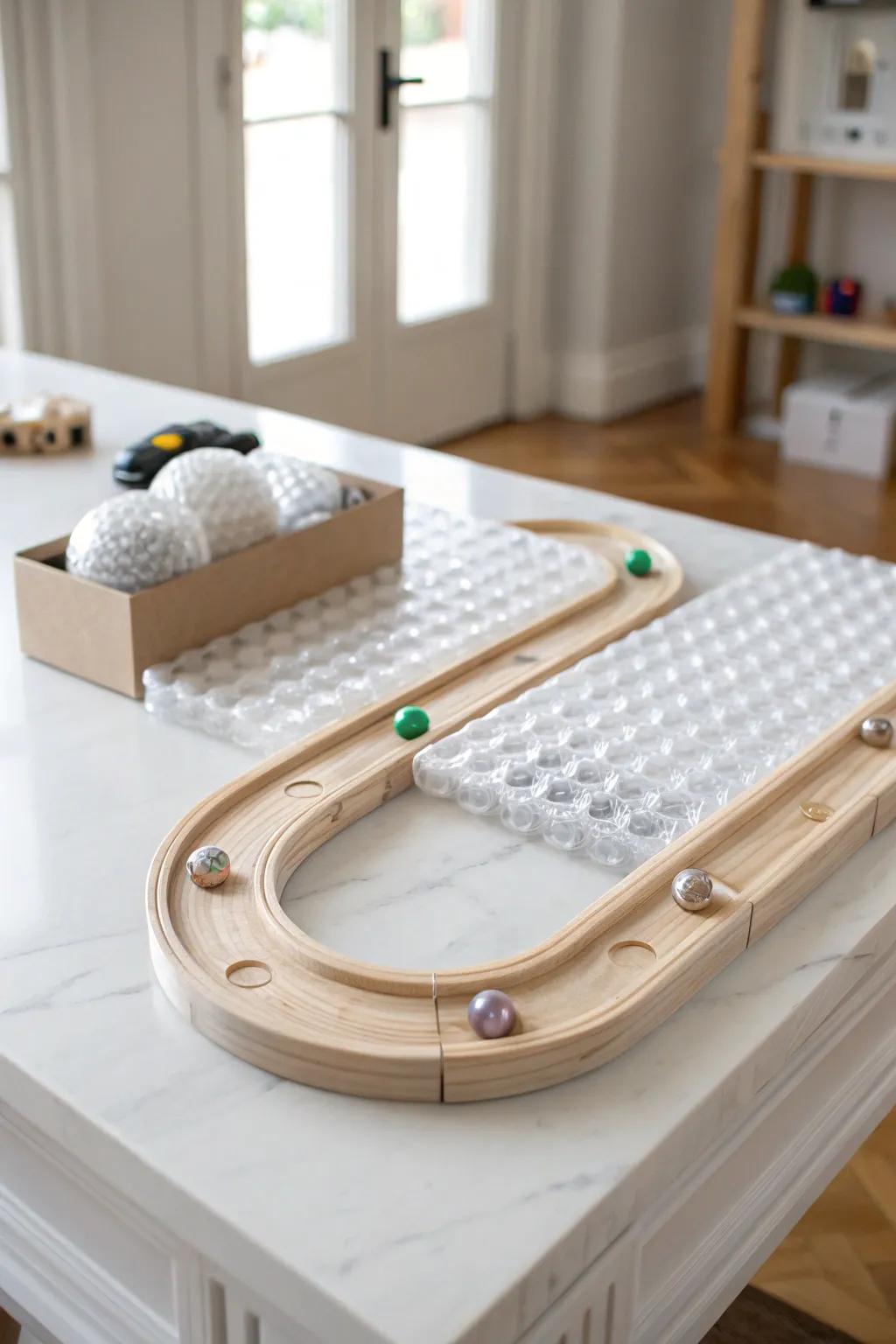 Transform your marble run with bubble wrap bumpers for a playful, slow-motion adventure!