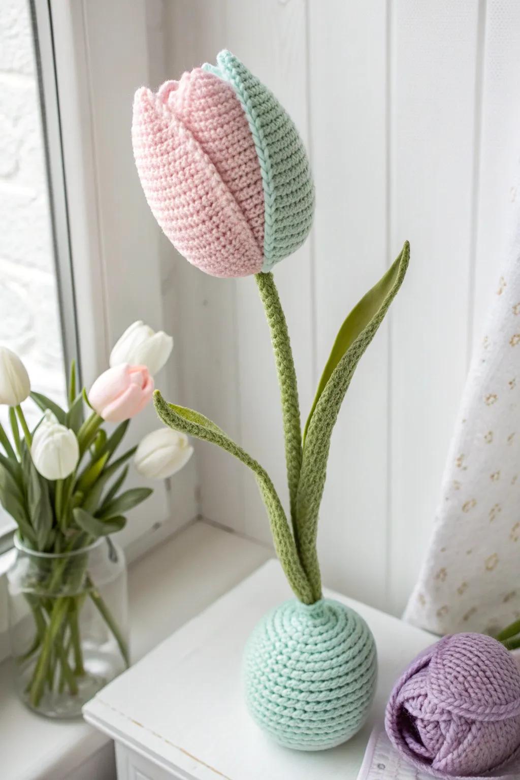 Embrace the gentle beauty of spring with these charming yarn-wrapped tulips, perfect for adding a soft touch of color to your minimalist decor.