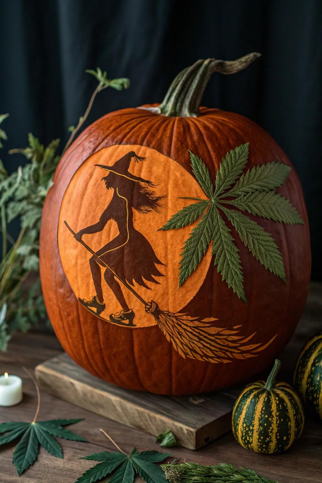 Elevate your Halloween decor with this stunning cannabis broomstick pumpkin carving!