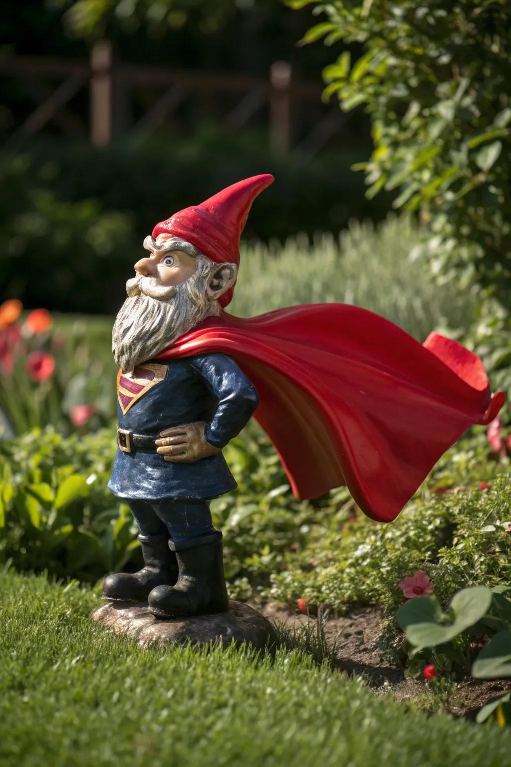 Unleash your garden's hero with a cape-wearing gnome!