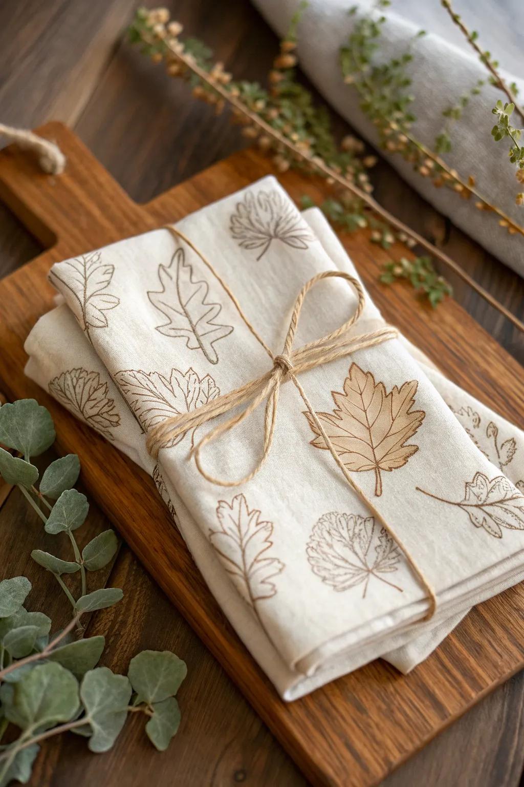 Embrace the season with beautifully adorned tea towels that add a touch of nature to your kitchen decor.