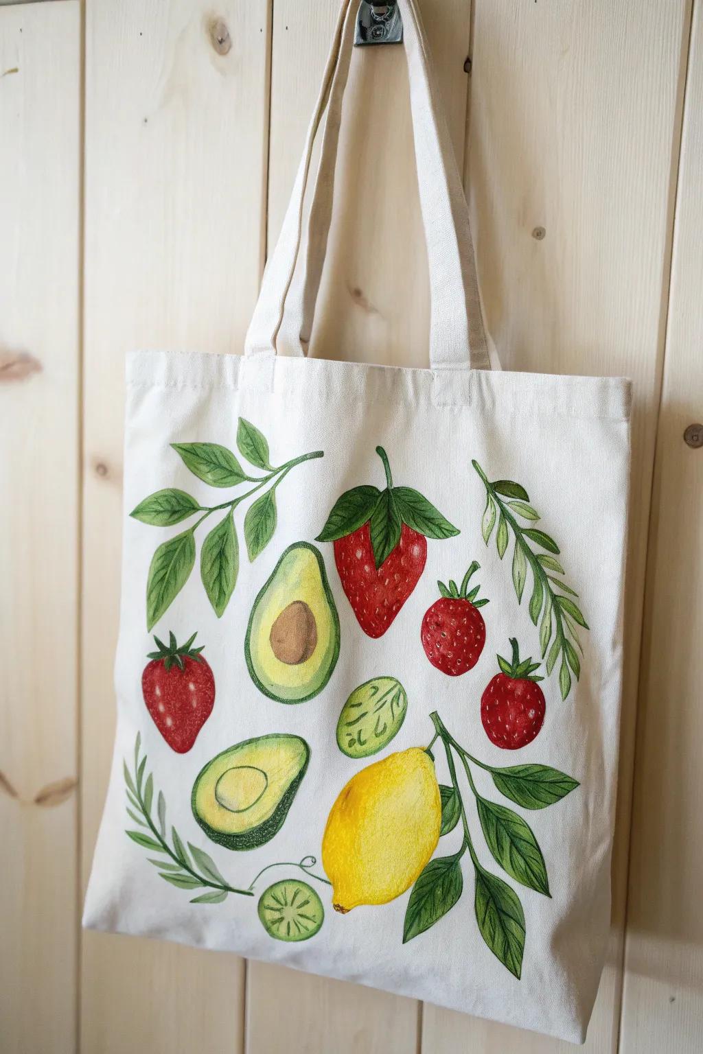 Add a splash of foodie flair to your tote with hand-painted fruits and veggies!