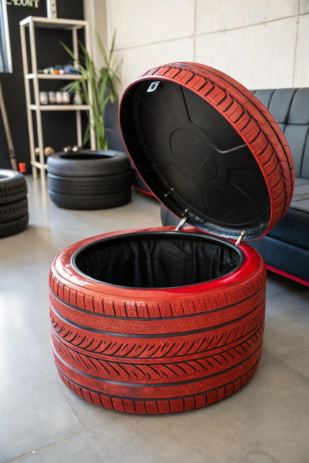 Transform your space with this stylish and functional tire ottoman—storage and seating in one bold design.