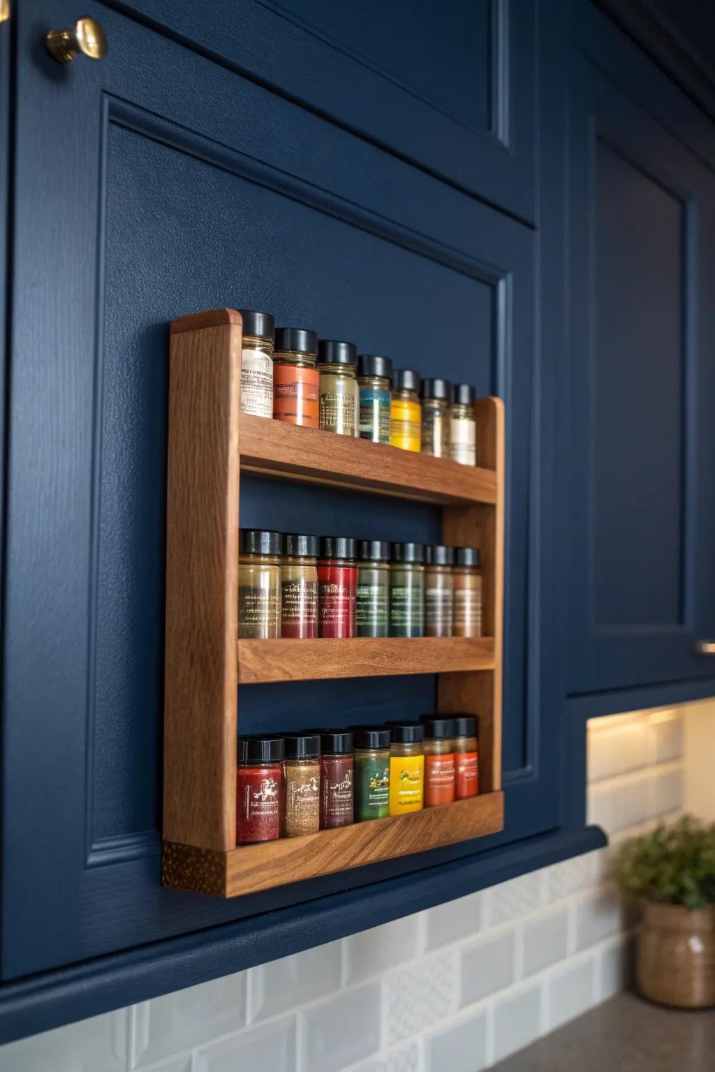 Elevate your kitchen with a touch of modern elegance: the sleek, floating wooden spice rack.