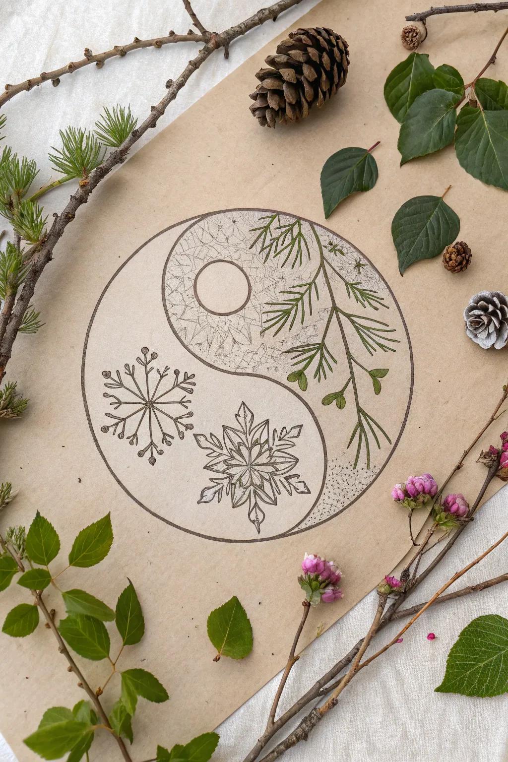 Embrace the balance of seasons with this enchanting yin yang art, where winter meets summer in harmonious simplicity.