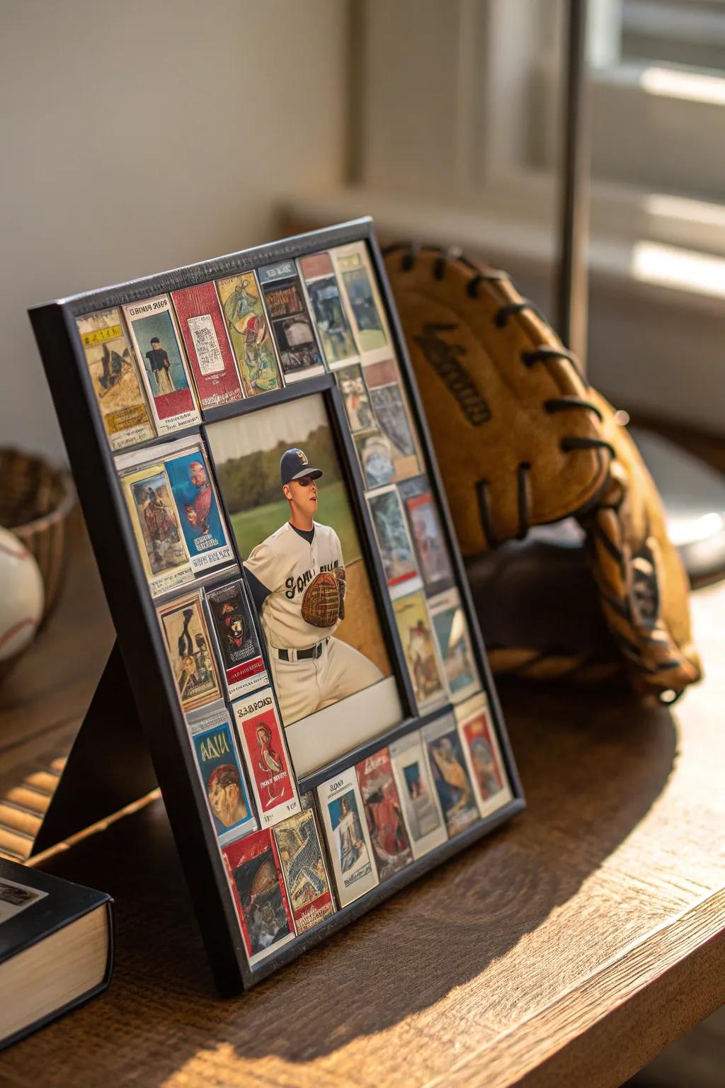 Transform your memories into a home run with a baseball card-covered picture frame.