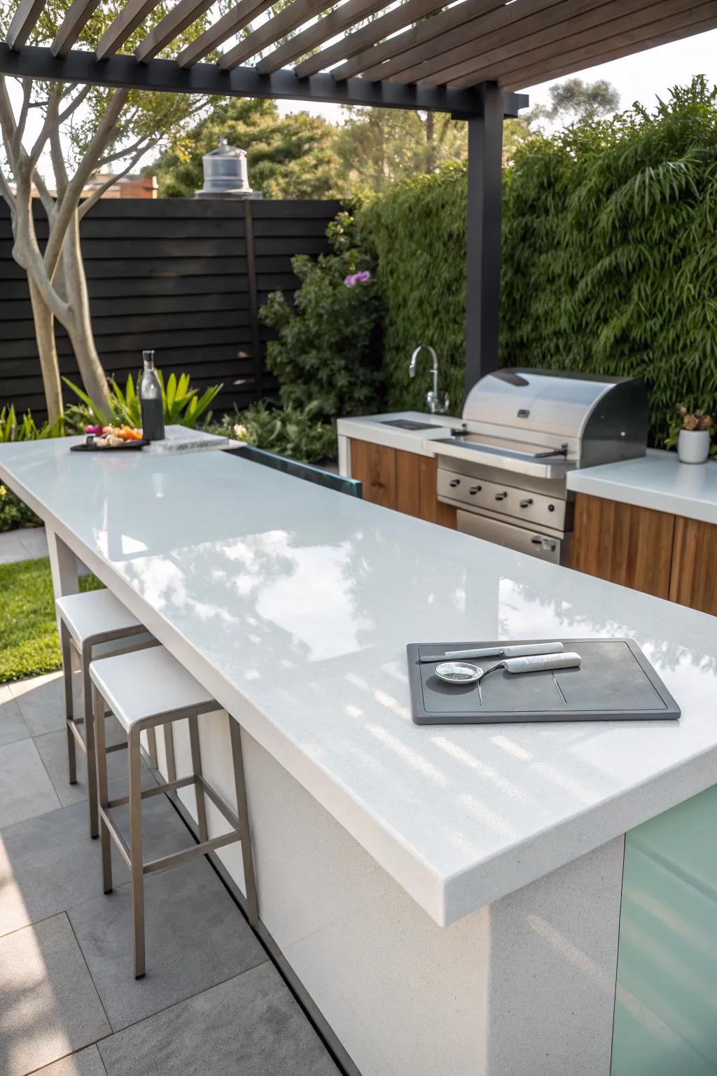 Elevate your BBQ space with the timeless allure of white glass countertops.
