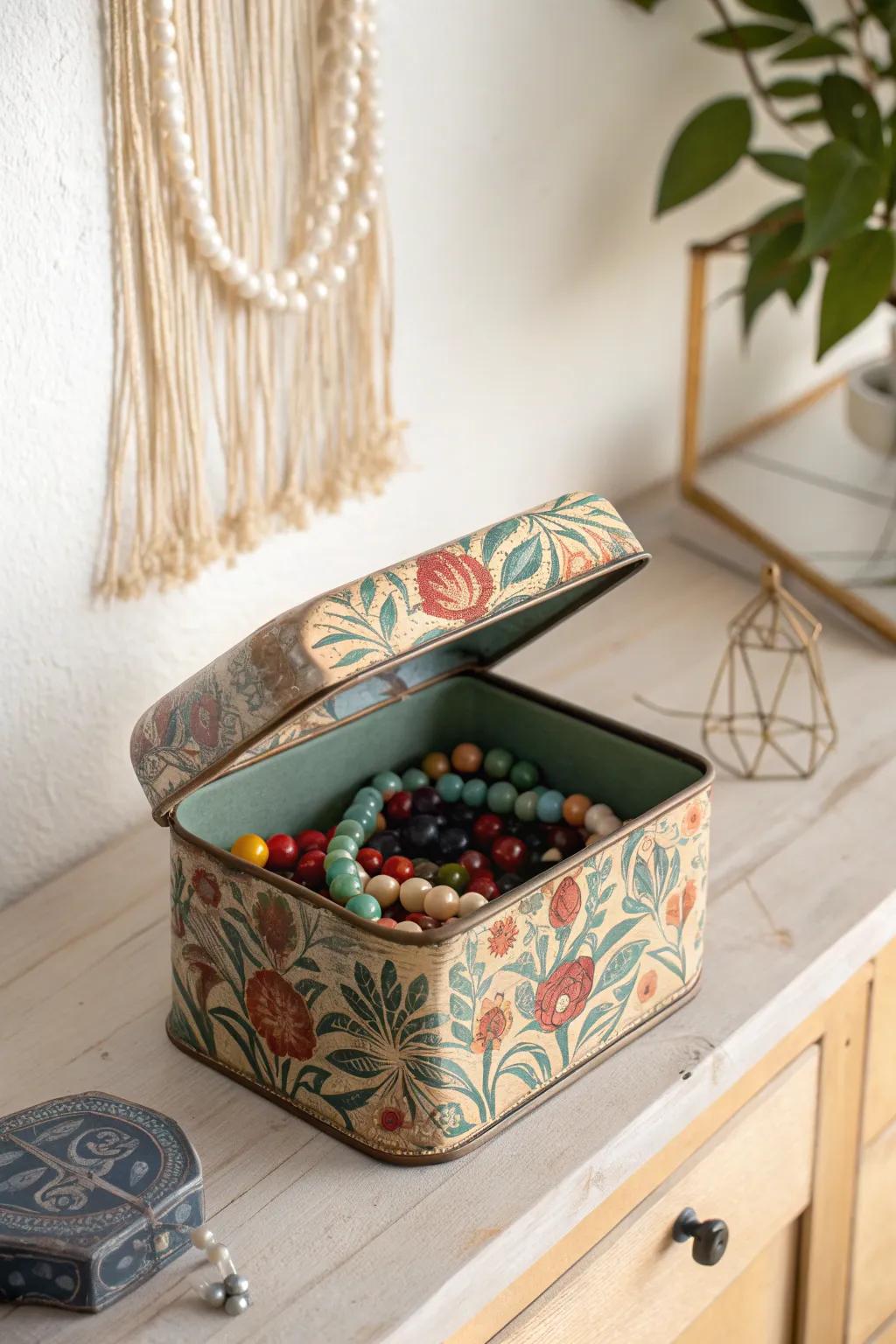 Transform your bead storage into a charming vintage display with nostalgic tea tins!
