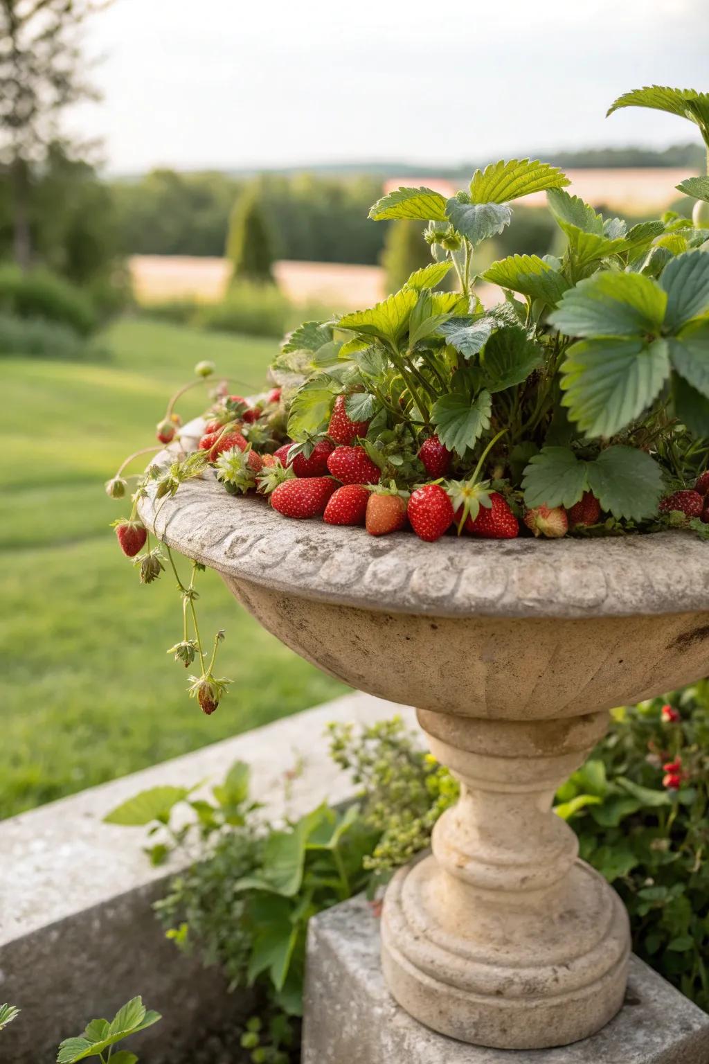 Snack in Style: Transform your garden with a chic bird bath planter brimming with fresh strawberries!