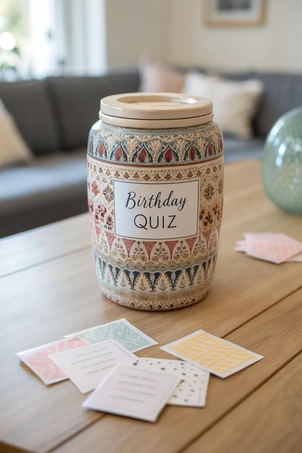 Celebrate with style: Elevate your birthday bash with a charming quiz jar that combines fun and elegance. 🎉✨