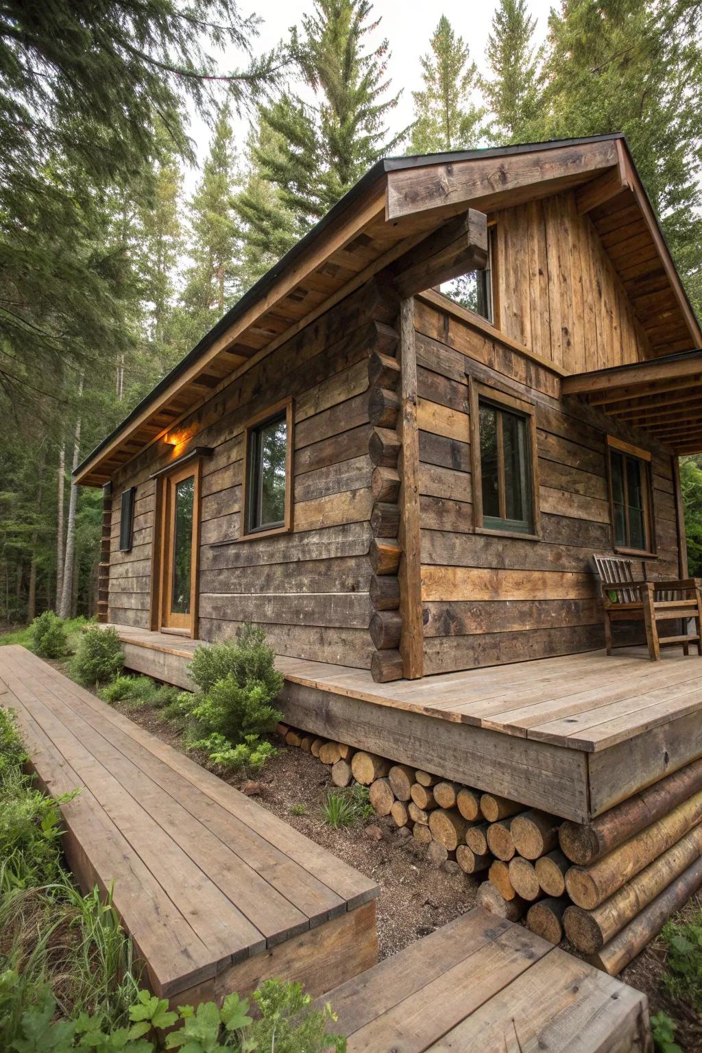 Transform your cabin's look with eco-friendly skirting made from reclaimed wood. Sustainable style meets rustic charm.
