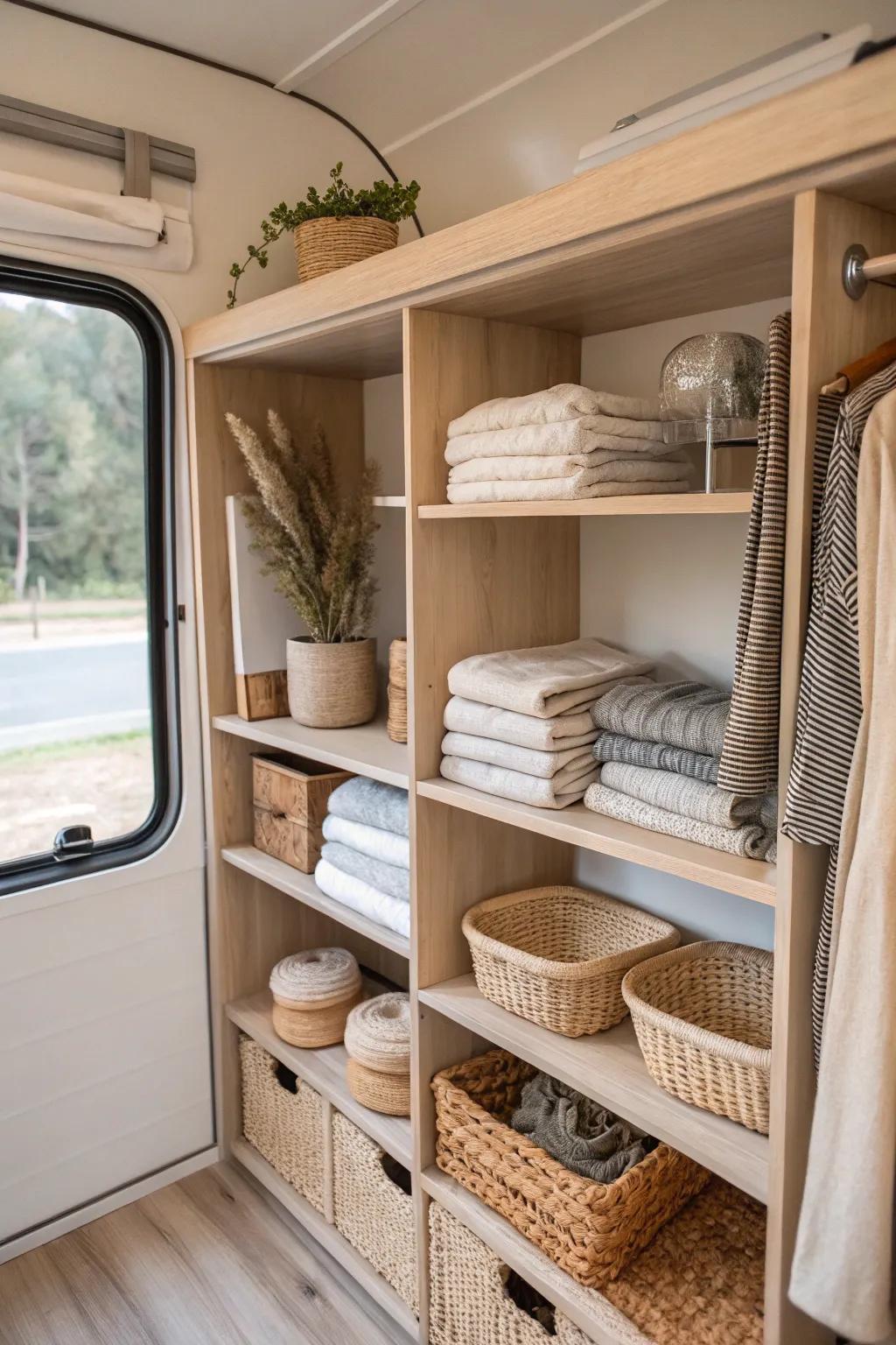 Transform your camper with customizable shelving that beautifully adapts to your storage needs.