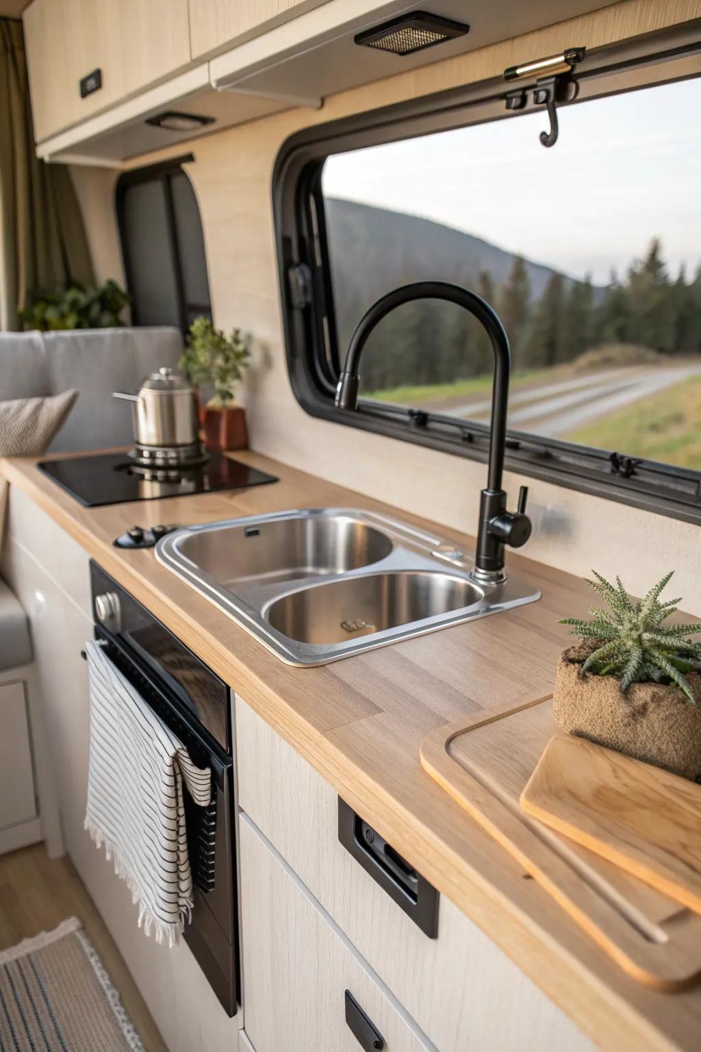 Elevate your campervan experience with this stunning combo sink and stove, where Scandinavian minimalism meets Boho charm.
