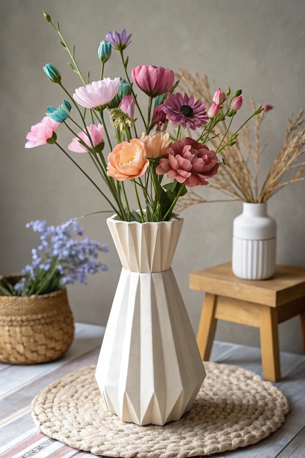 Bring joy to any room with an eclectic mix of handcrafted blooms in a chic cardboard vase.