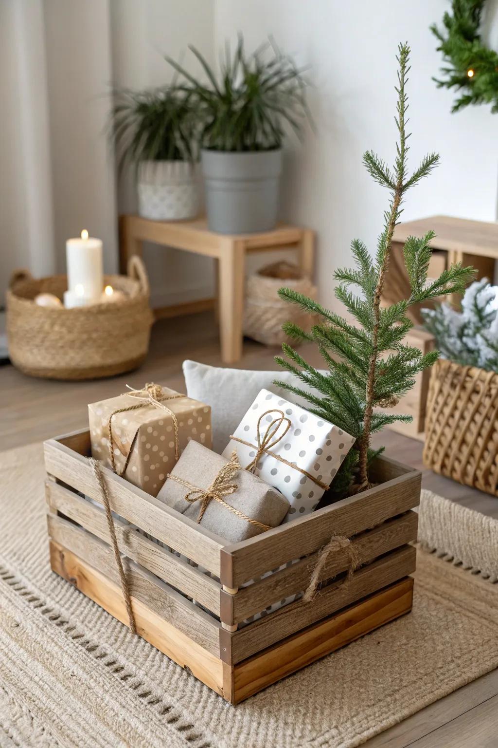Elevate your holiday decor with a charming gift-filled crate that embodies simplicity and natural beauty.