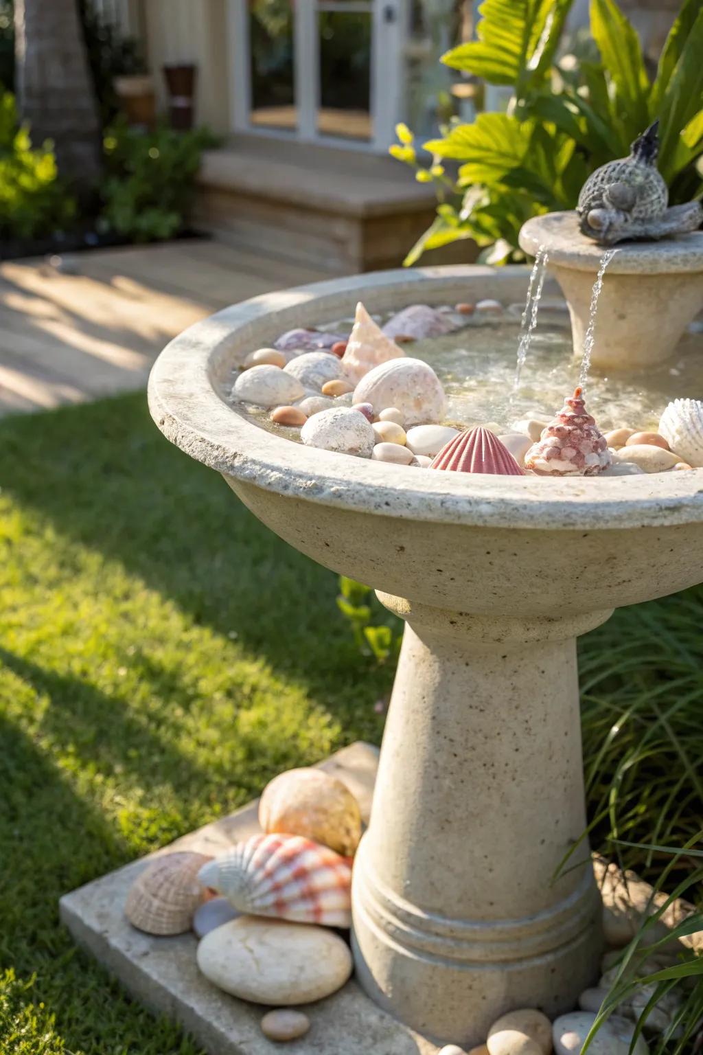 Bring a coastal touch to your backyard with this enchanting shell-lined bird bath fountain.
