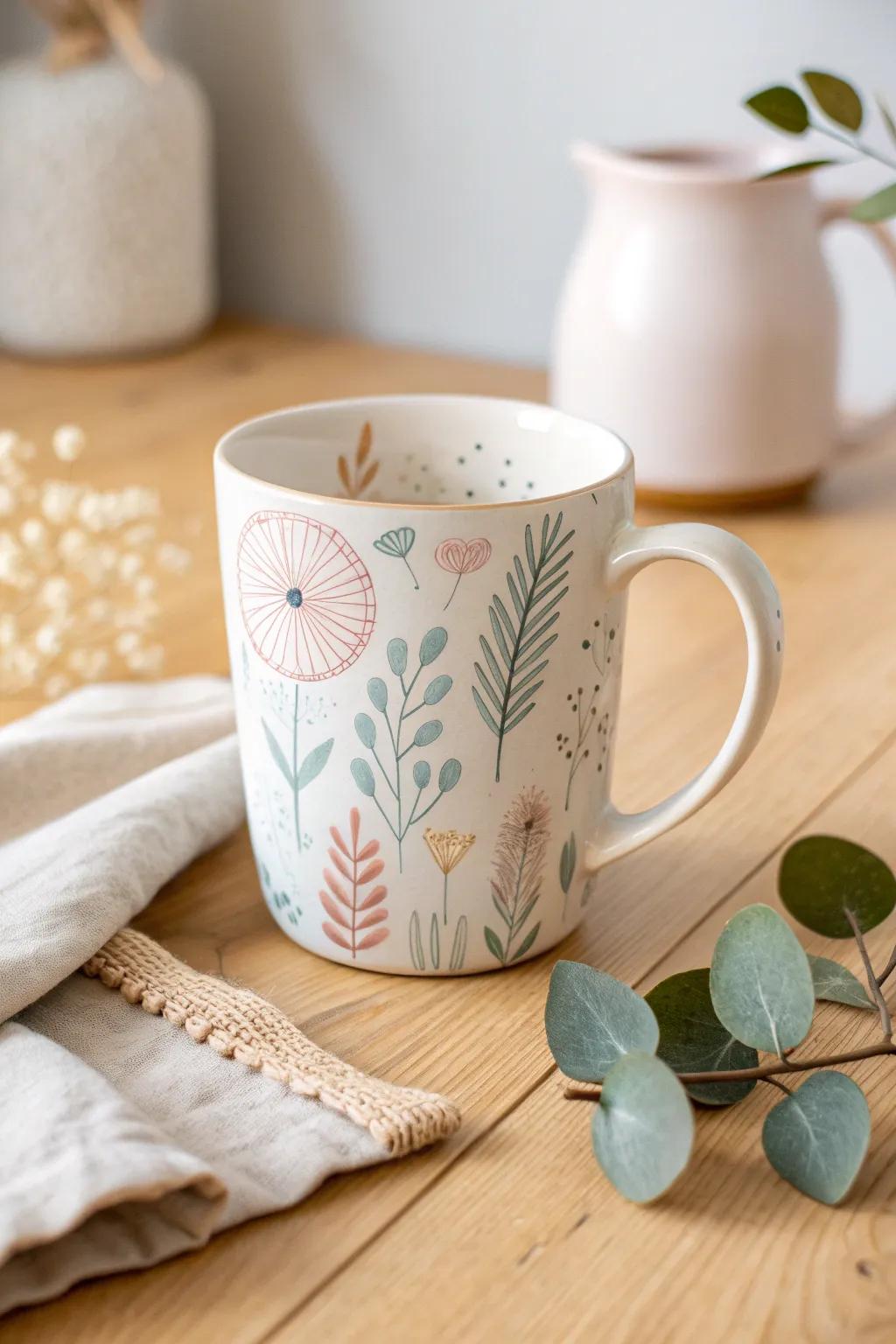Elevate your gift-giving with a hand-painted mug that blends simplicity and natural beauty.