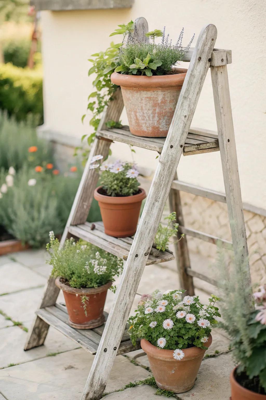 Transform your garden with a charming plant stand crafted from an old ladder, blending rustic charm and natural beauty.